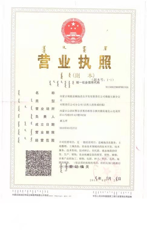 內(nèi)蒙古瑞能鹽堿地改良開發(fā)有用限責任公司準格爾旗分公司，營業(yè)執(zhí)照