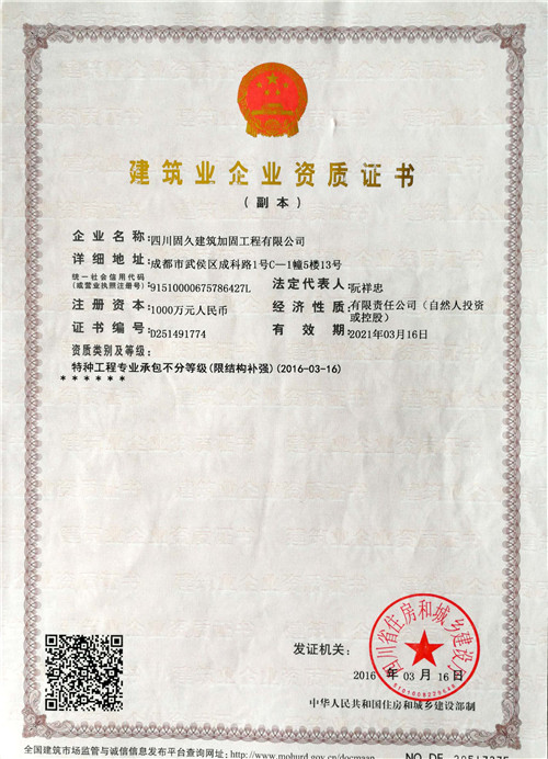 四川加固公司建筑业企业资质证书