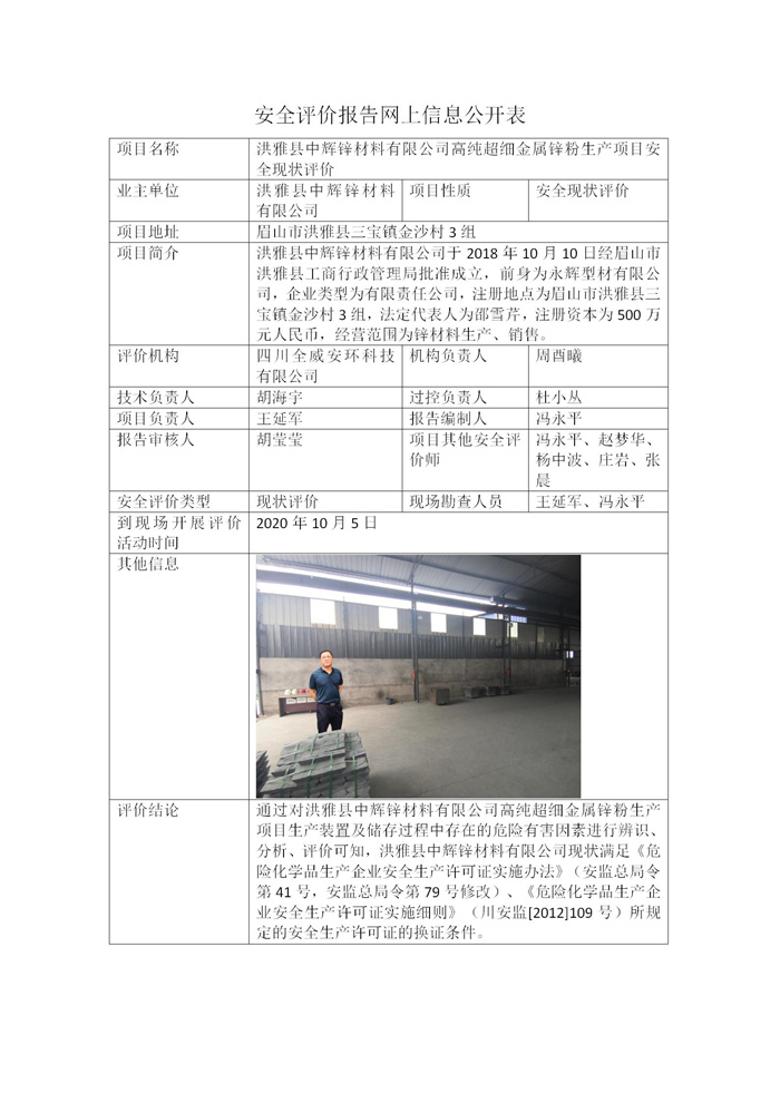 洪雅县中辉锌材料有限公司高纯超细金属锌粉生产项目安全现状评价