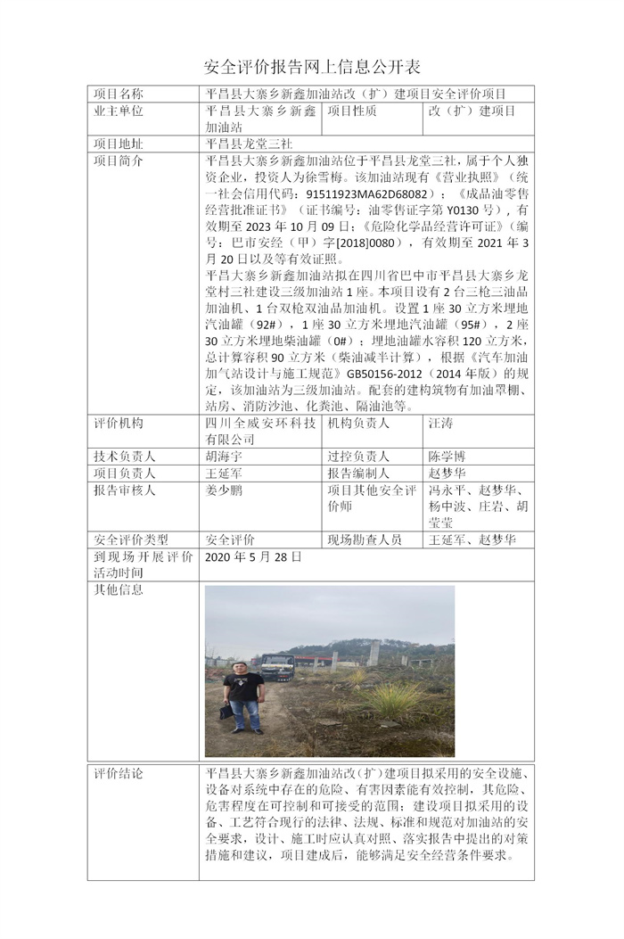 平昌县大寨乡新鑫加油站改（扩）建项目安全评价项目