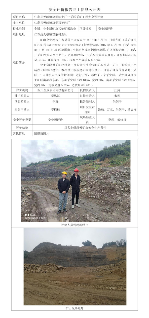 SCQW2020-0012.仁寿县天峨镇双桐粘土厂一采区采矿工程安全预评价