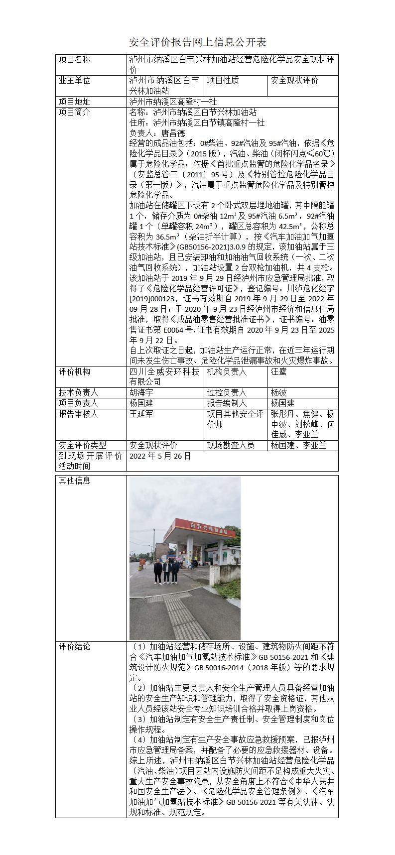 泸州市纳溪区白节兴林加油站经营危险化学品安全现状评价