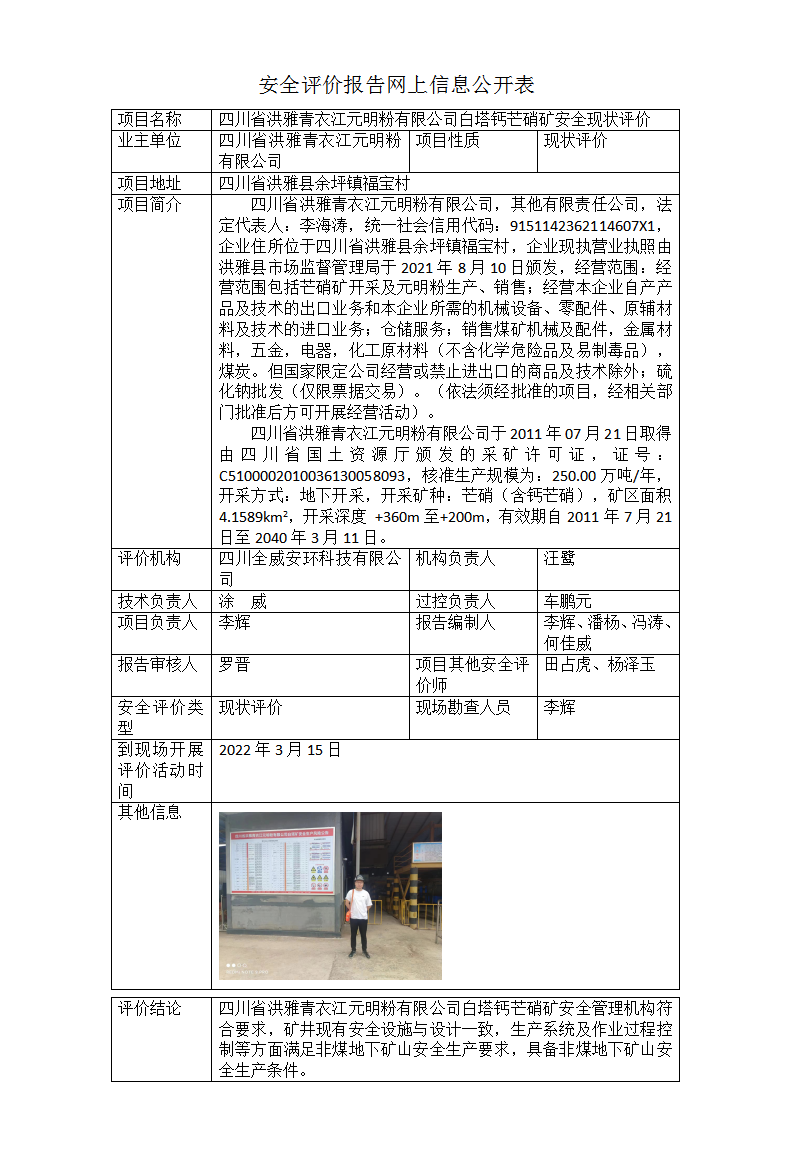 四川省洪雅青衣江元明粉有限公司白塔钙芒硝矿安全现状评价