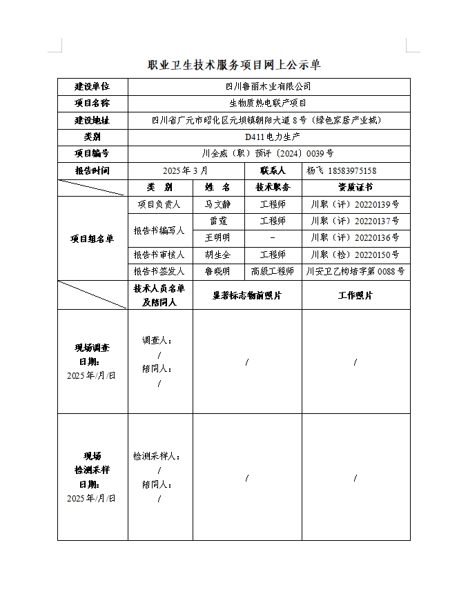 四川鲁丽木业有限公司生物质热电联产项目