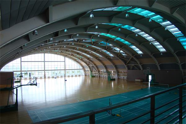 半月形钢结构篮球场馆建筑内部实景