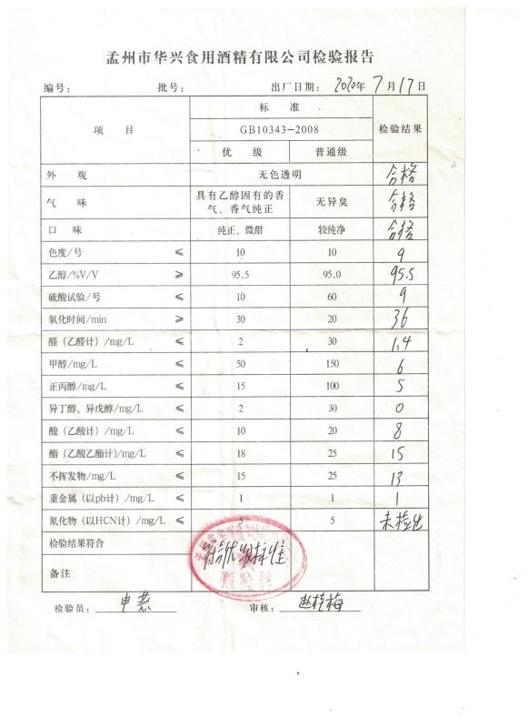 食用酒精检验报告