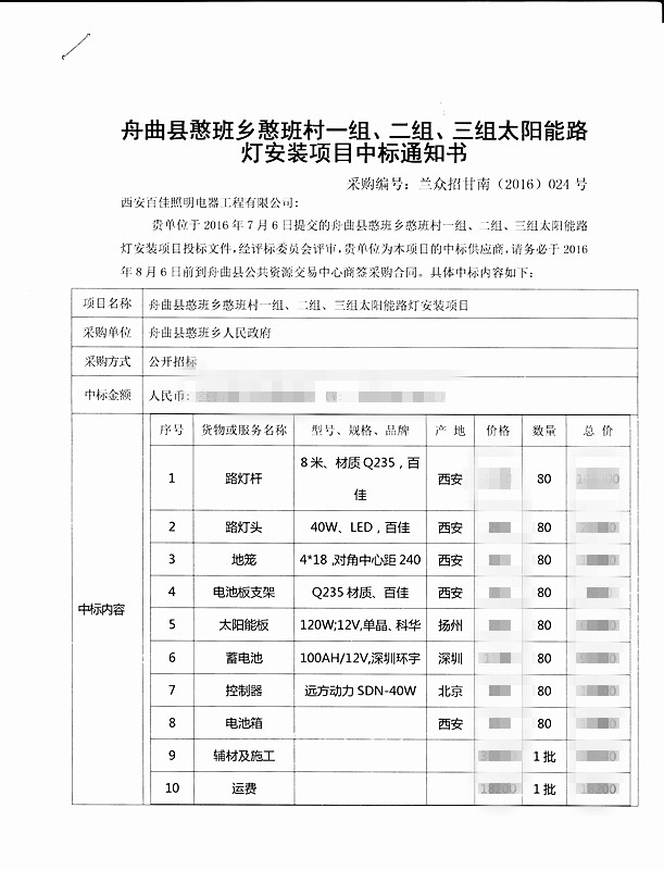 舟曲县憨班乡一组、二组、三组中标通知书