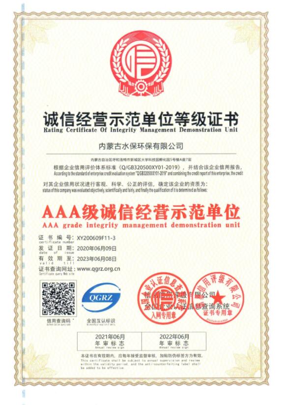 诚信经营示范单位证书