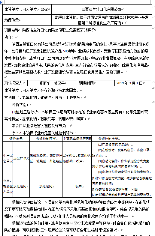 陕西洁兰雅日化有限公司职业危害因素预评价