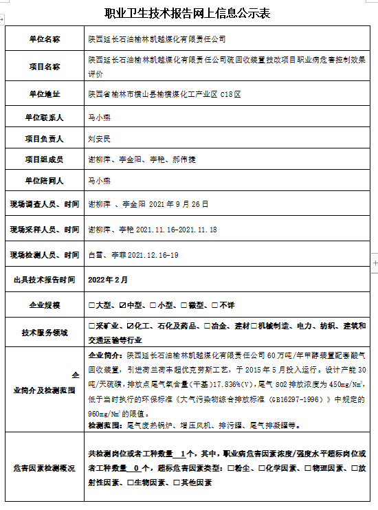 陜西延長(zhǎng)石油榆林凱越煤化有限責(zé)任公司硫回收裝置技改項(xiàng)目職業(yè)病危害控制效果評(píng)價(jià)