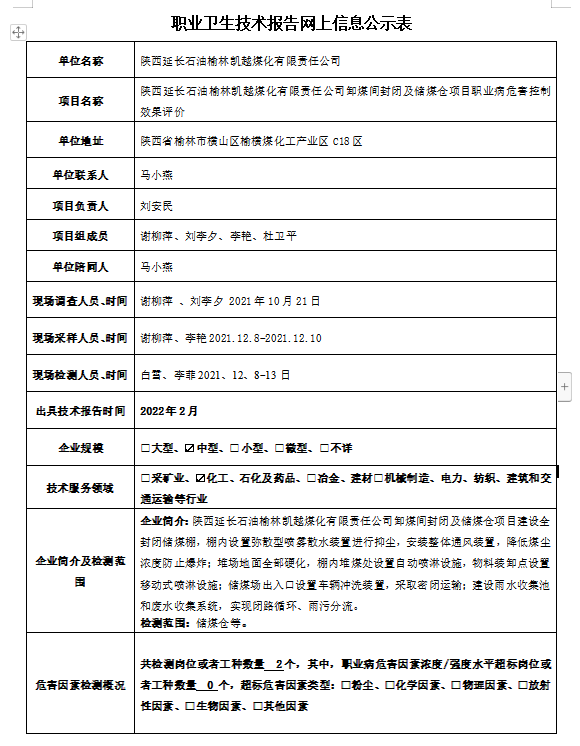 陜西延長石油榆林凱越煤化有限責(zé)任公司卸煤間封閉及儲煤倉項目職業(yè)病危害控制效果評價