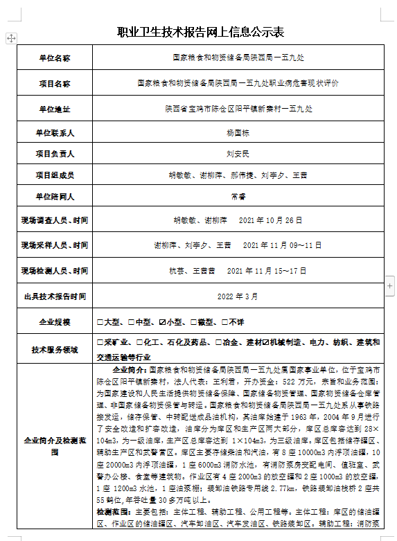 **糧食和物資儲(chǔ)備局陜西局一五九處職業(yè)病危害現(xiàn)狀評(píng)價(jià)