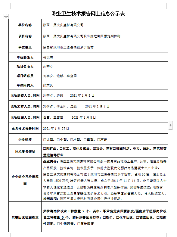 陜西三原大慶建材有限公司職業(yè)病危害因素定期檢測