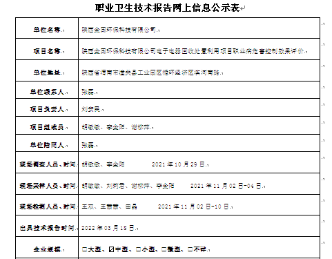 陜西金國(guó)環(huán)?？萍加邢薰倦娮与娖骰厥仗幹美庙?xiàng)目職業(yè)病危害控制效果評(píng)價(jià)