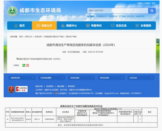 成都市清洁生产审核咨询服务机构基本信息