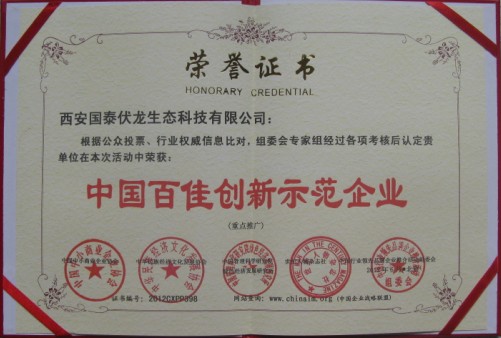 中国百佳创新示范企业证书
