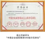 中國誠信企業AAA級示范企業證書