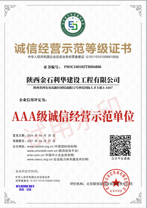 诚信经营示范等级证书
