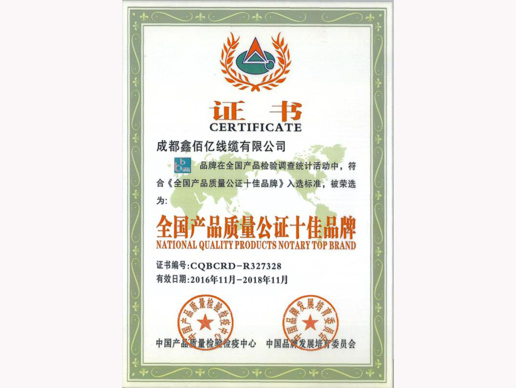 四川电力电缆十佳品牌证书