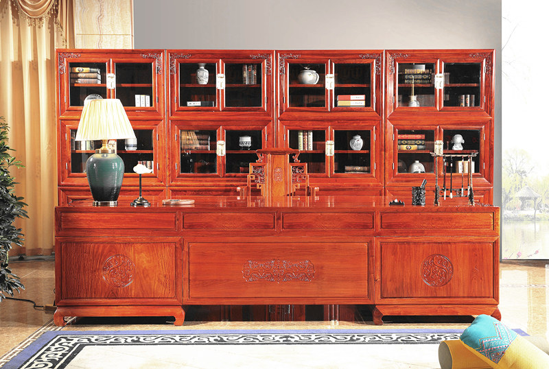 缅甸花梨书桌书柜-大果紫檀办公家具