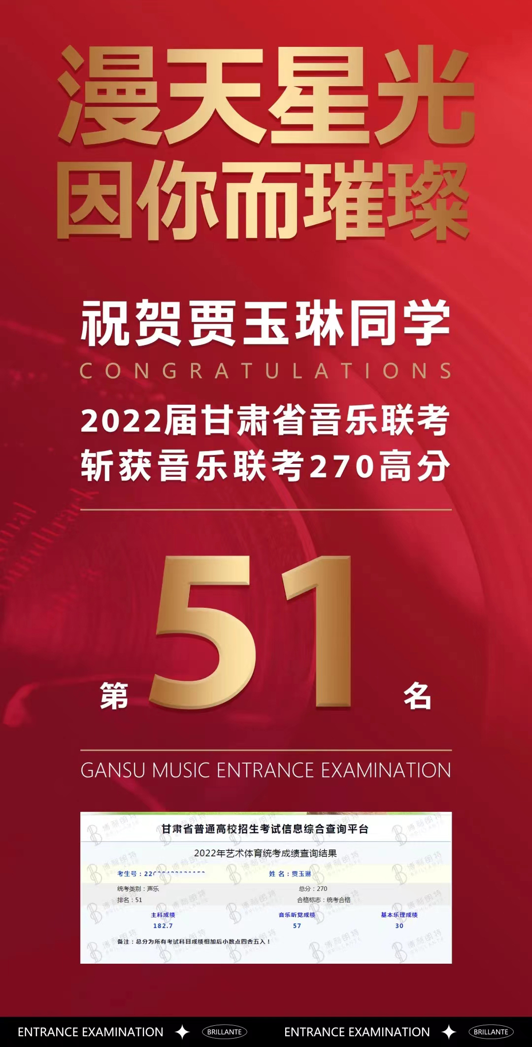 贾玉琳斩获2022届甘肃省音乐联考270高分