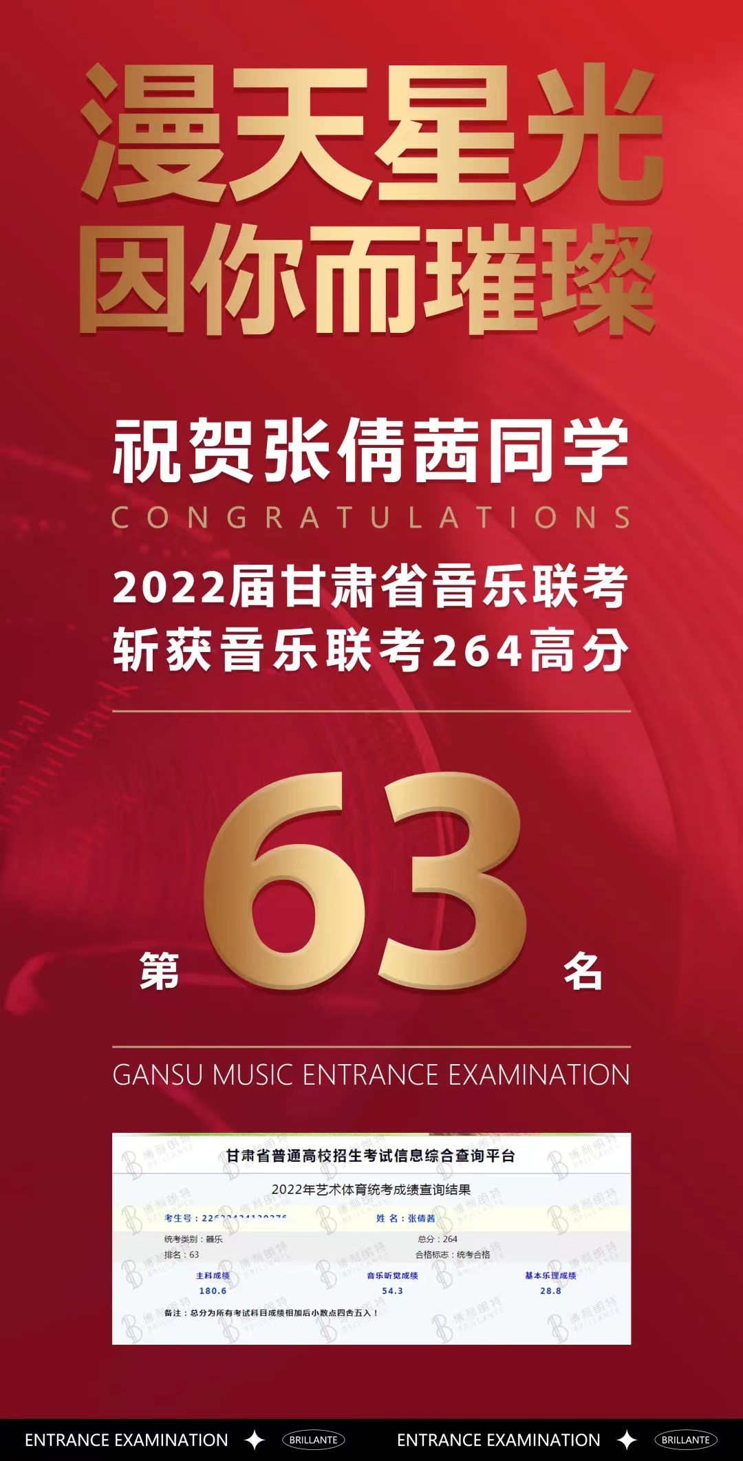 张倩茜斩获2022届甘肃省音乐联考264高分