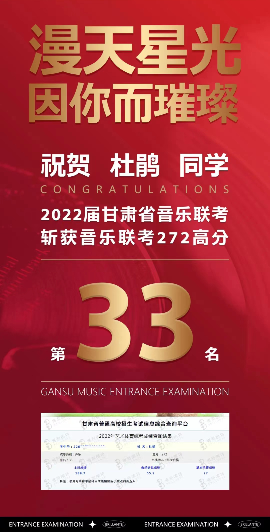杜鹃斩获2022届甘肃省音乐联考272高分