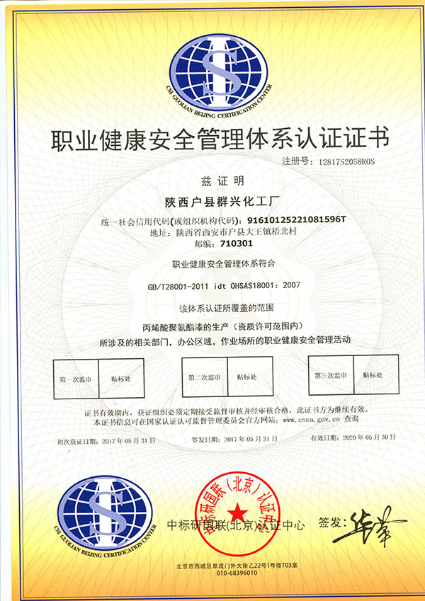健康安全管理体系认证证书