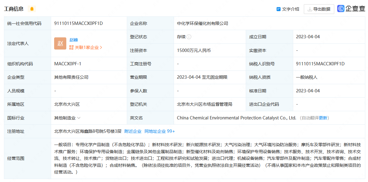 注册资本1.5亿 中国化学投资设立环保催化剂公司