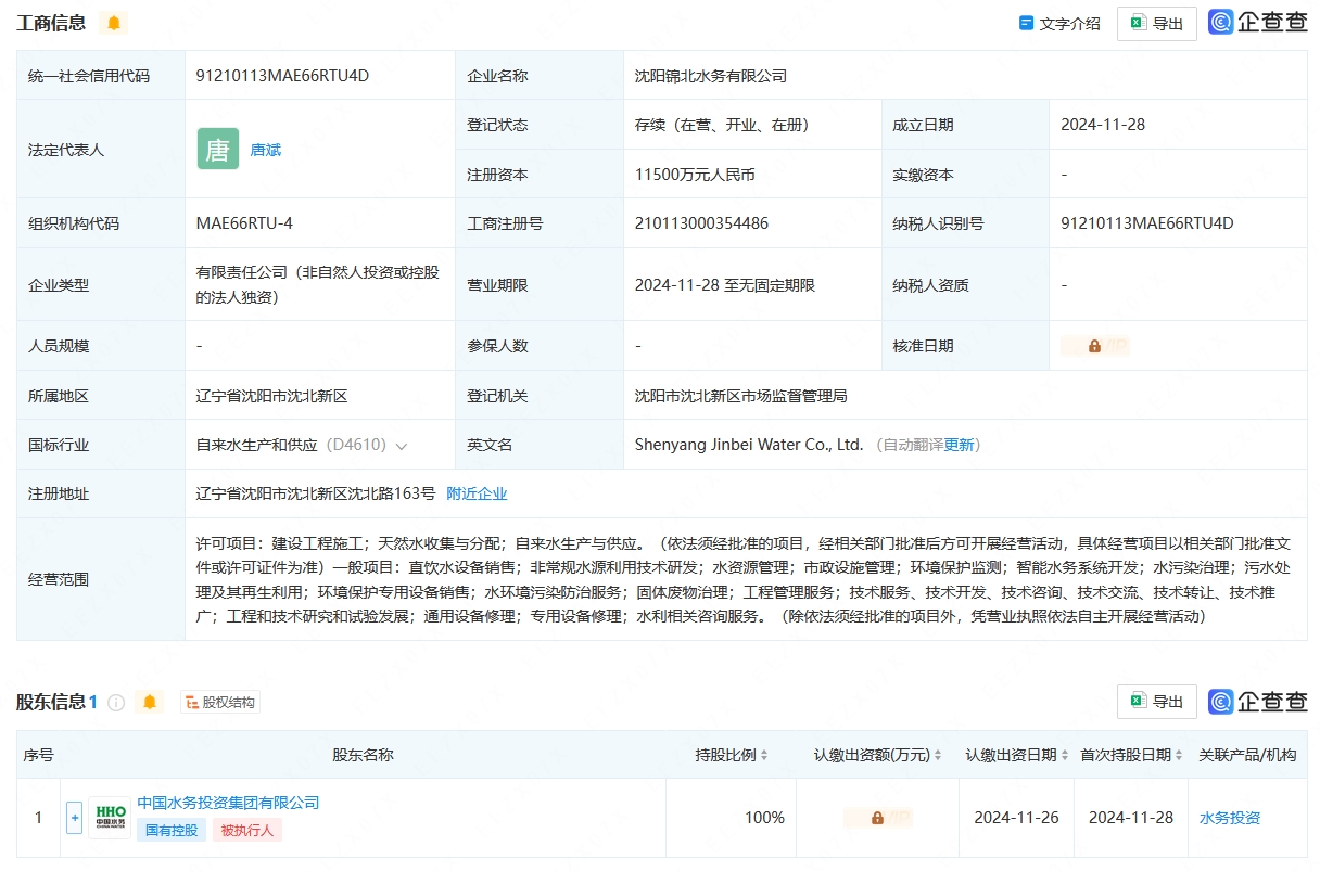 中國水務投資集團在沈陽成立新公司