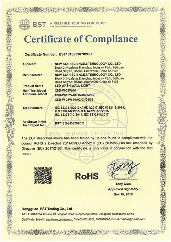 洗墙灯ROHS专 利证书