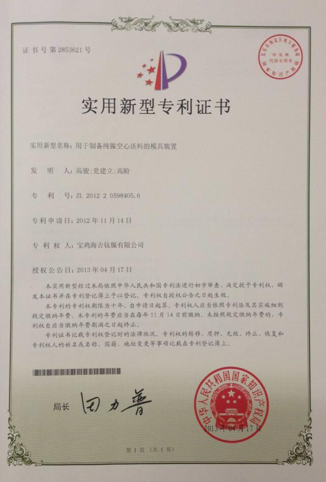 實用新型專業證書（2013年）